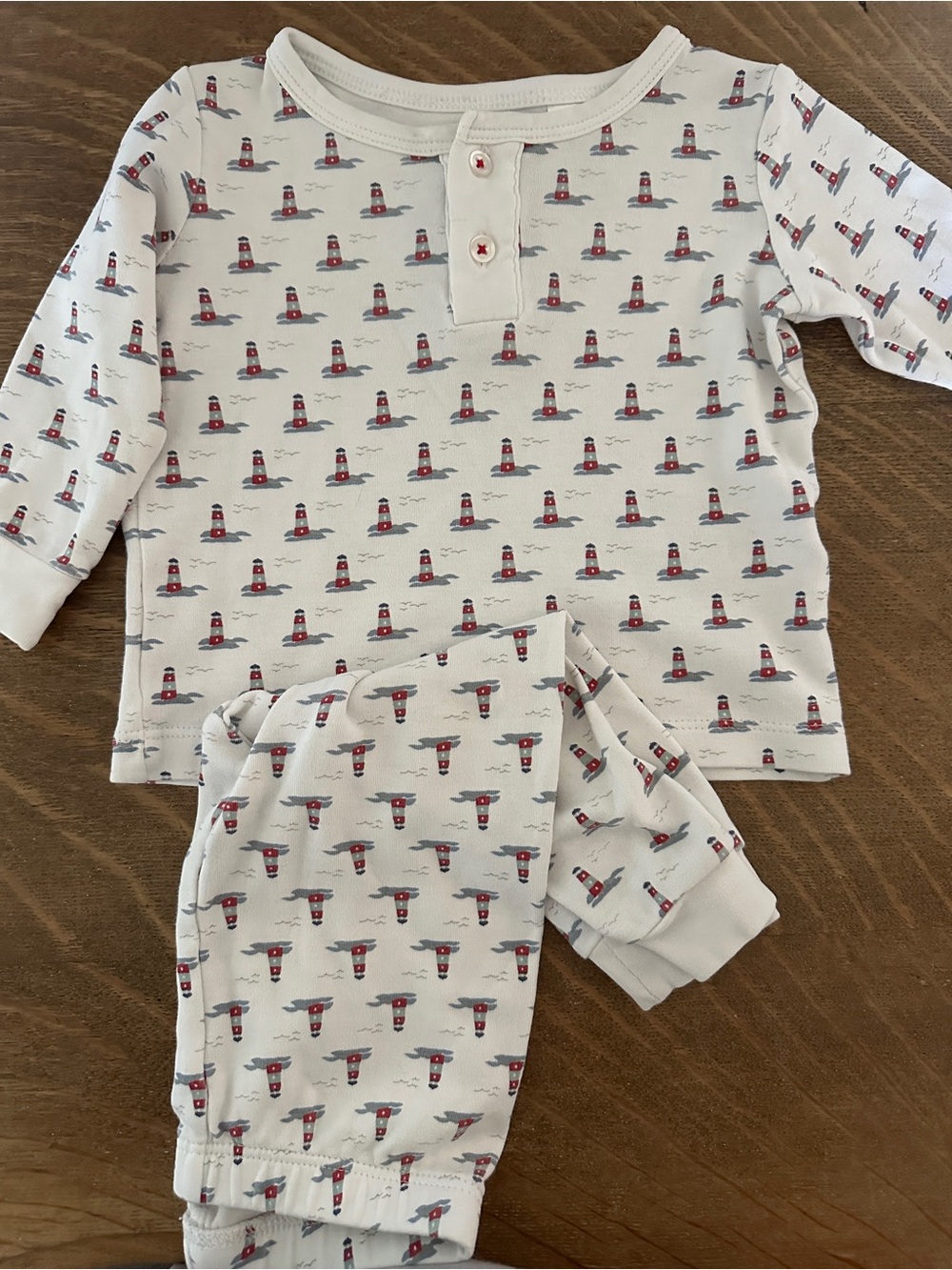 Cream Lighthouse-Print Kids Pajama Set with Red and Blue Accents